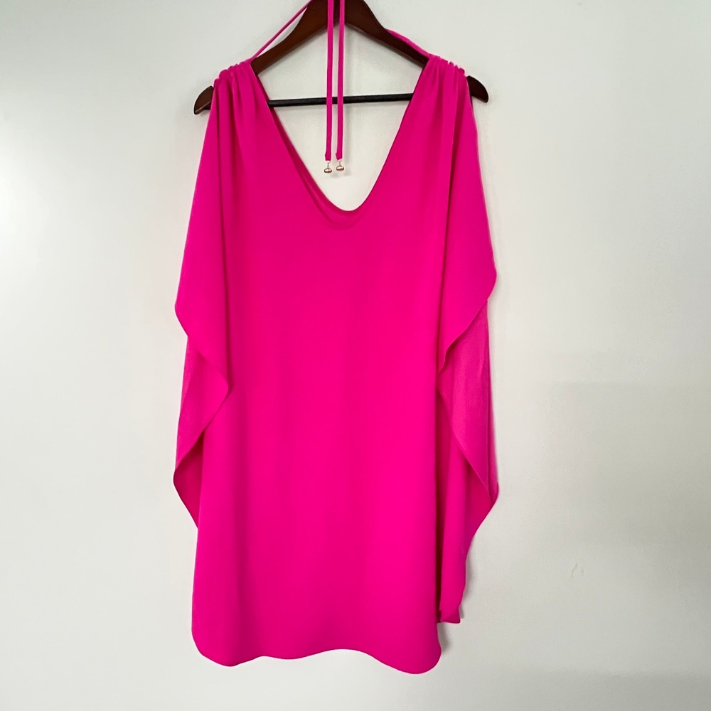 Trina Turk Dress Women L Pink Kaftan Draped Cape Halter V-Neck Mini Resort
